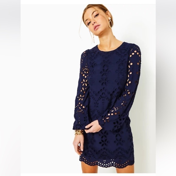Lilly Pulitzer Women's Alyna Long Sleeve Eyelet Dress In True Navy Soiree Eyelet - Picture 1 of 16